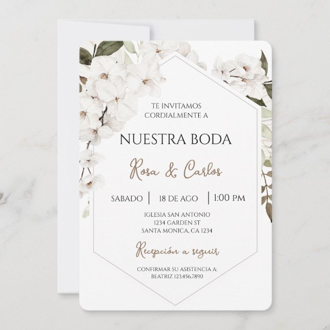 White Floral Boho Convite De Casamento Espanhol (Frente)