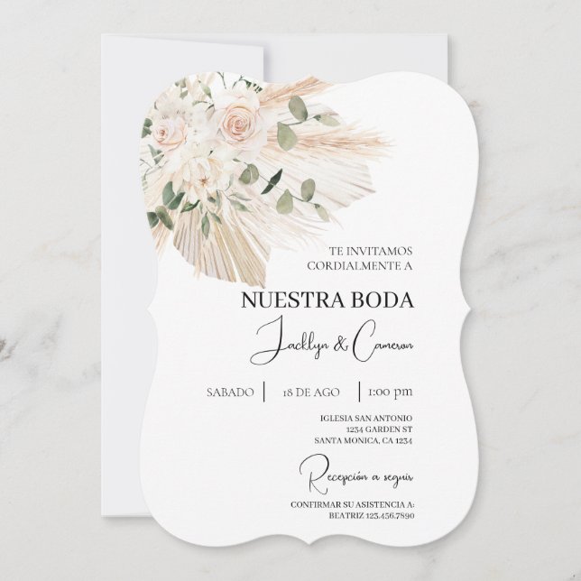 White Floral Boho Convite De Casamento Espanhol (Frente)