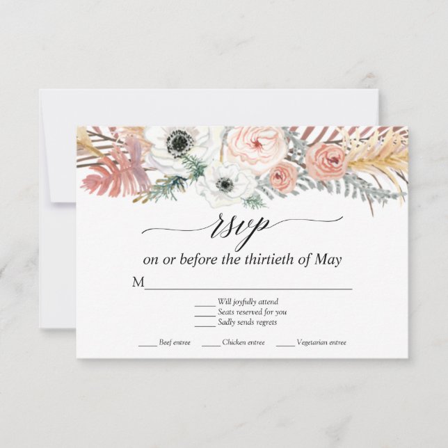 White Floral Boho Pampas Grass Tropical Palm RSVP (Frente)