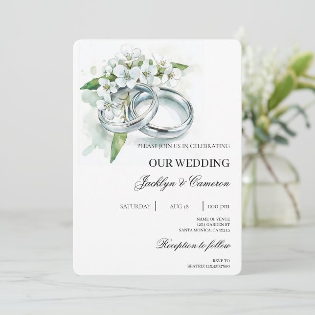 White Floral com Convite para Casamento de anel (Em pé/Frente)
