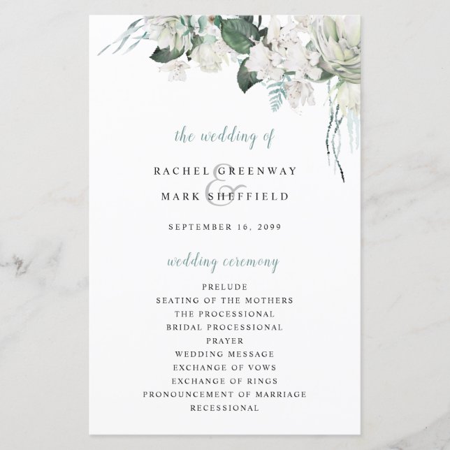 White Floral Dusty Blue Sage Programa de Casamento (Frente)