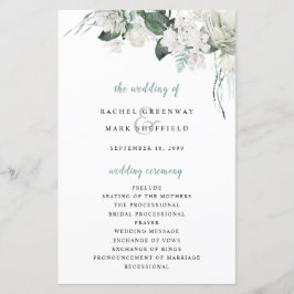 White Floral Dusty Blue Sage Programa de Casamento