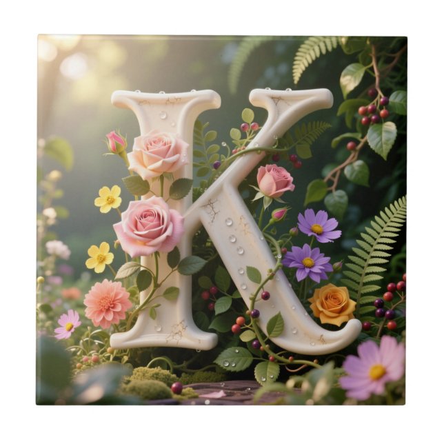 White Floral Garden Monogram Letter K (Frente)