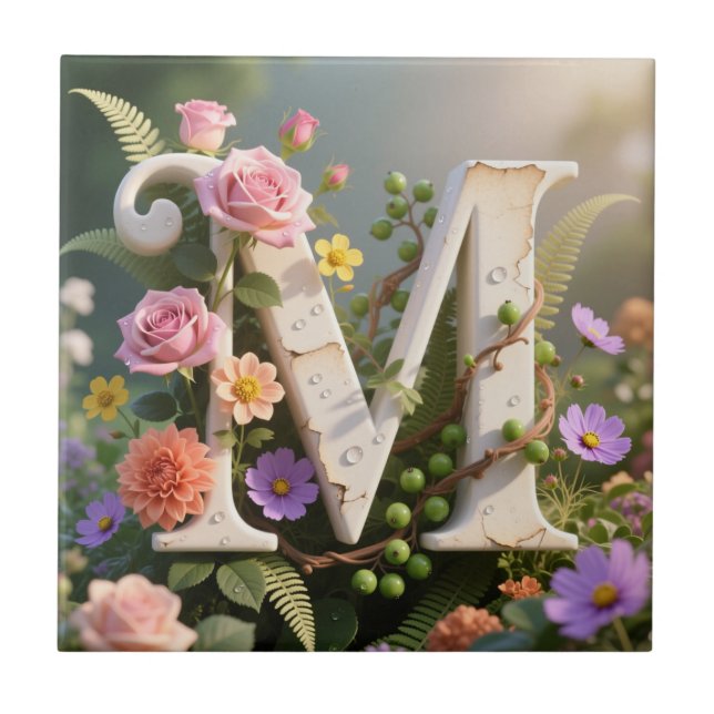 White Floral Garden Monogram Letter M (Frente)