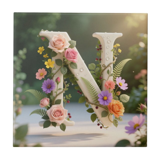 White Floral Garden Monogram Letter N (Frente)