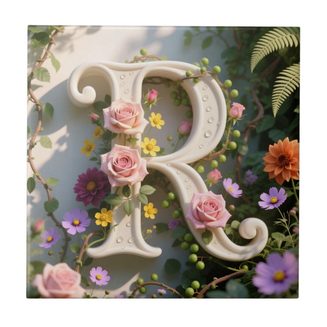 White Floral Garden Monogram Letter R (Frente)