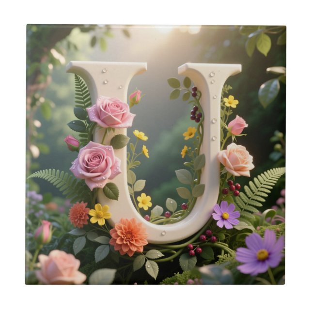 White Floral Garden Monogram Letter U (Frente)