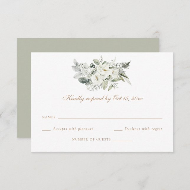 White Floral Greenery Sage - Cartão RSVP de Casame (Frente/Verso)