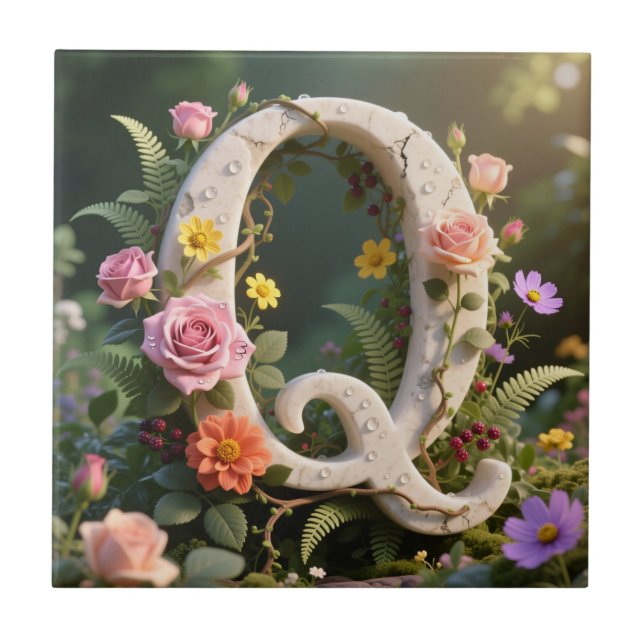 White Floral Marble Monogram Letter Q (Frente)