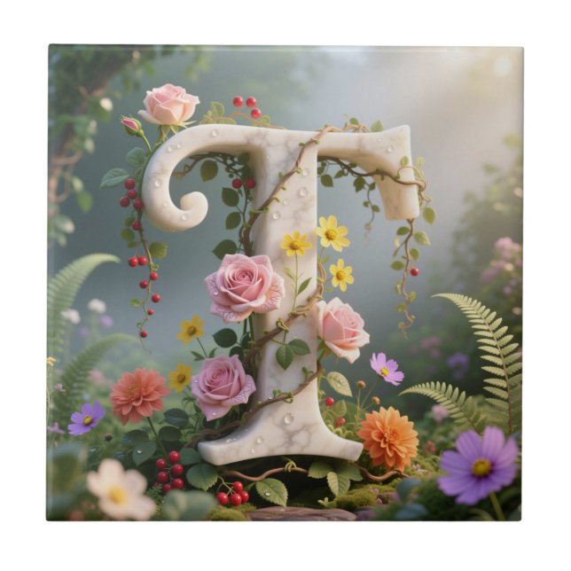 White Floral Marble Monogram Letter T (Frente)