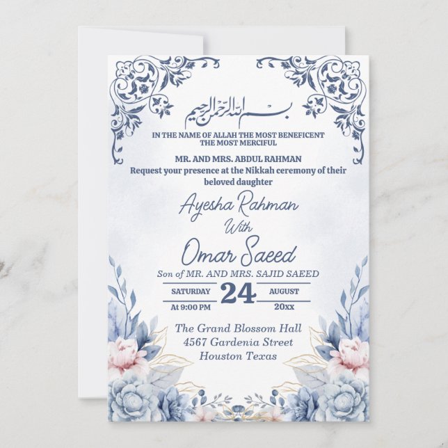 White Floral Nikkah Blue White Convite (Frente)