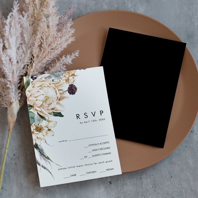 White Floral | Placa RSVP de Escolha do Menu Preto (Criador carregado)