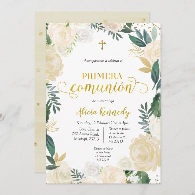 White Floral Primera Comunicó em Convite (Frente/Verso)