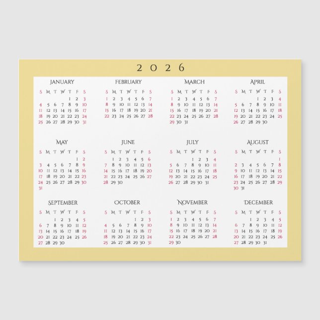 White Gold 2026 Yearly Full Year Calendar Magnet (Frente)