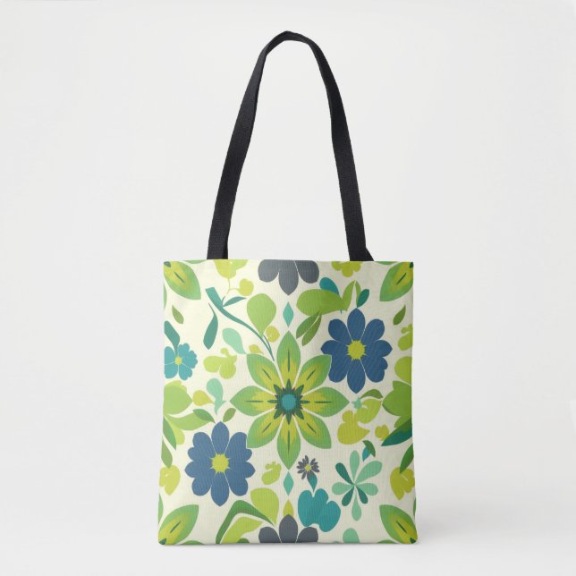 White Green and Blue Floral Tote Bag (Frente)