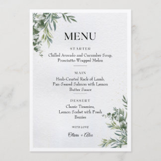 White & Green Watercolor Leaves Wedding Menu