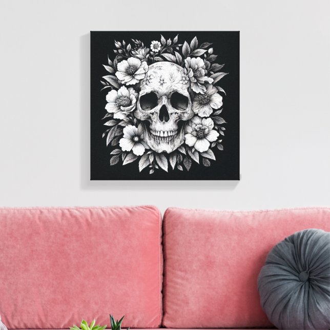 White Ink Floral Skull Gothic Wall Canvas (Insitu(Sala de estar))