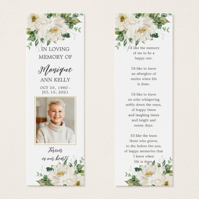 White Ivory Floral Foto Funeral Memorial Bookmark (Frente & Verso)