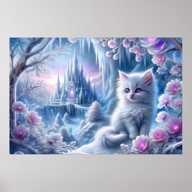 White Kitten em Fantasy Ice Kingdom Poster (Frente)