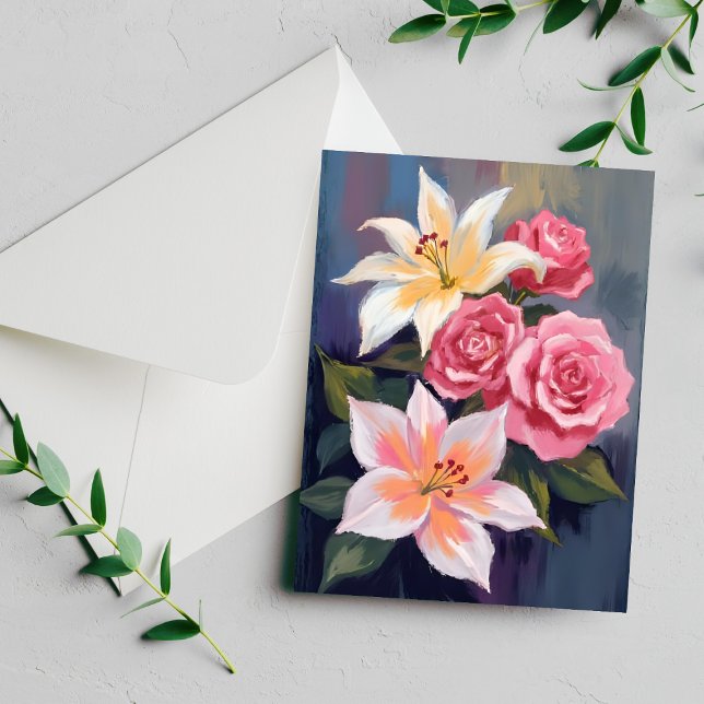 White Lillies Pink Rose Bouquet Watercolor Card (Criador carregado)