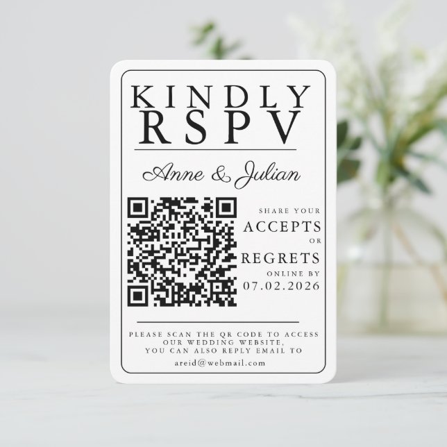 White Modern Photo RSVP Insert QR Code (Em pé/Frente)