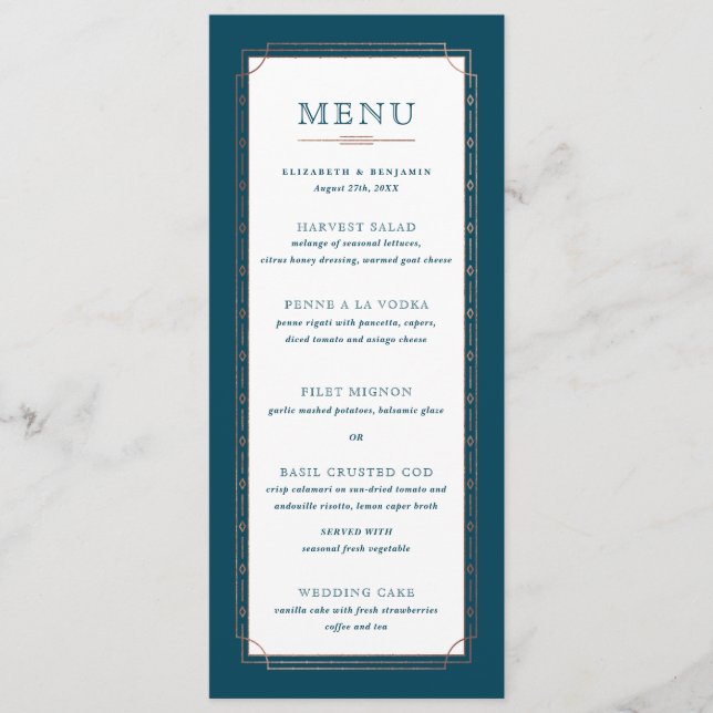 White Modern Vintage Teal Blue Rosa Gold Foil Menu (Frente)