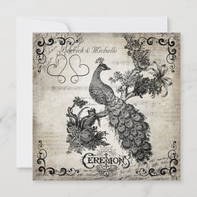 White Musical Notes Casamento Peacock Convite (Frente)