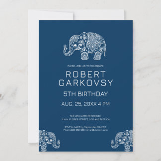 White on Blue Floral Elephant Convite