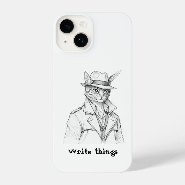 ​White Pencil Sketch Noir Detective Cat Phone Case (Verso)