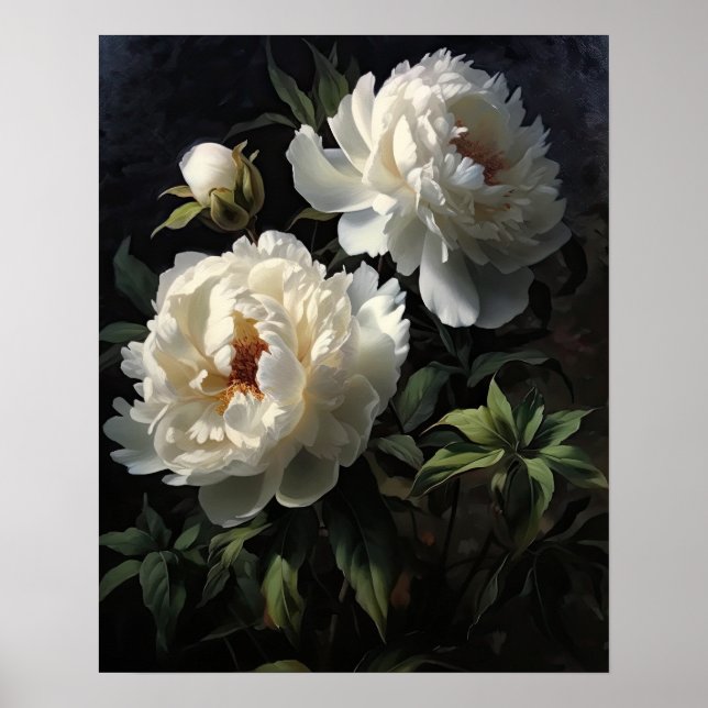 White Peony Flowers Art Impressão Poster (Frente)