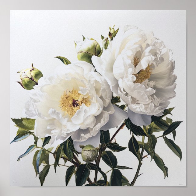 White Peony Flowers Art Impressão Poster (Frente)