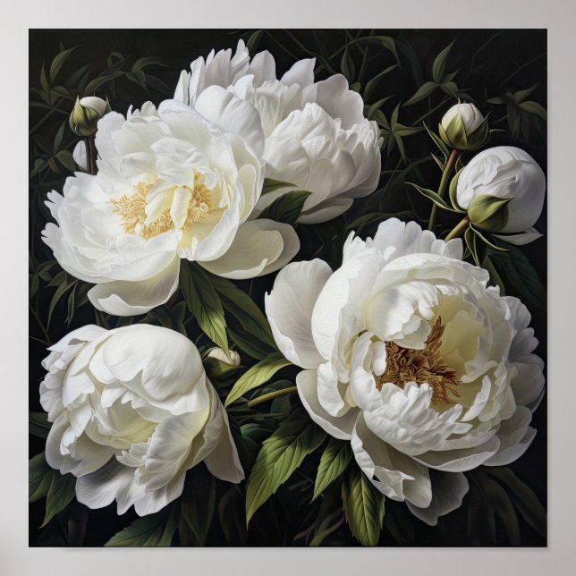 White Peony Flowers Art Impressão Poster (Frente)