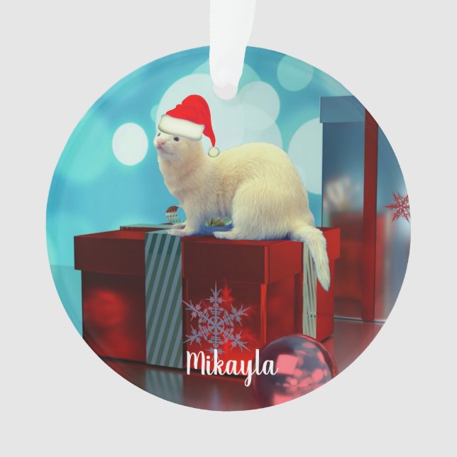 White Pet Ferret no Ornamento do Chapéu de Santa (Frente)