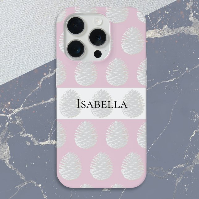 White Pinecones Pattern Pink Frost Personalized (A personalized phone case with festive pattern of pine cones on a pink background)