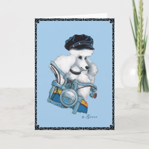 White Poodle em um Cartão de Saudação de Motocicle