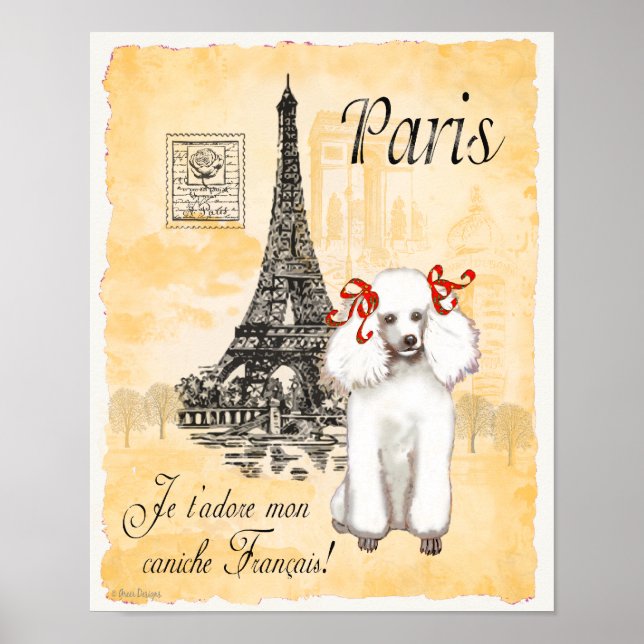 White Poodle Paris Eiffel Tower Vintage Impressão (Frente)
