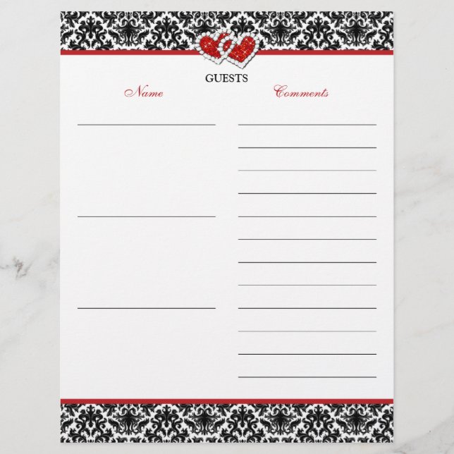 White Red Damask Preto, Hearts Guest Book Paper (Frente)