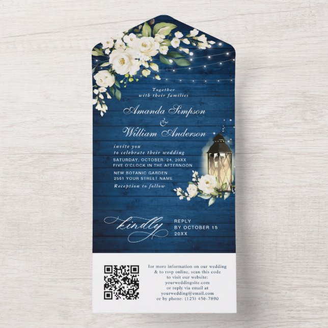 White Roses Blue Wood Casamento Código QR (Interno)