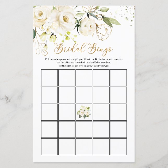 White Roses Foliage Bridal Bingo Game (Frente)