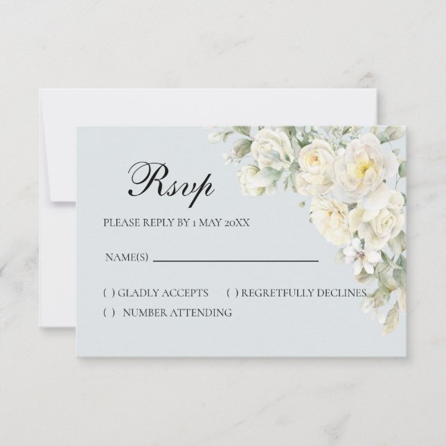 White Roses Light Blue RSVP Card (Frente)