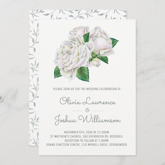 White Roses Watercolor Convites para Casamento (Frente/Verso)