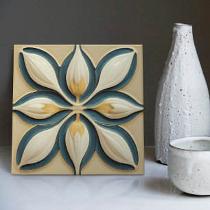 White Tulips on Blue Symmetric Art Deco