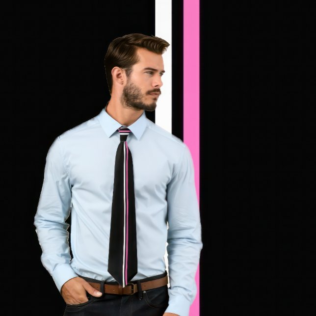 White Vertical, Listras Rosa Quentes na Gravata Ne (Man wears a black necktie featuring 2 thin vertical stripes in white and hot pink.)