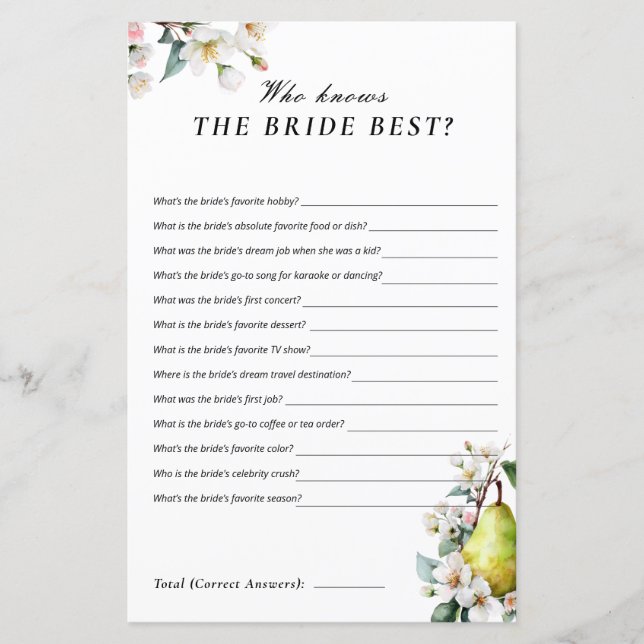 Who Knows Bride Perfect Pear Bridal Shower Game (Frente)