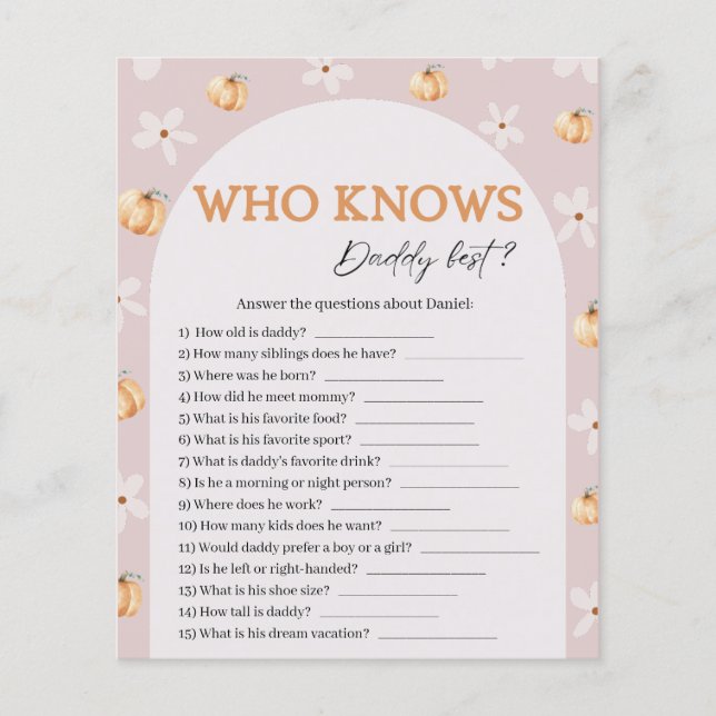 Who Knows Daddy Fall Pumpkin Baby Shower Game Card (Frente)