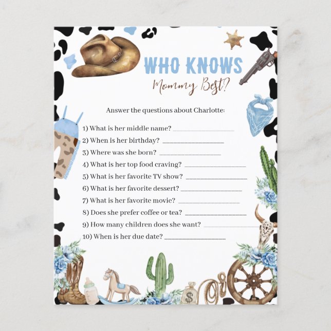Who Knows Mommy Best Cowboy Baby Shower Game Card (Frente)