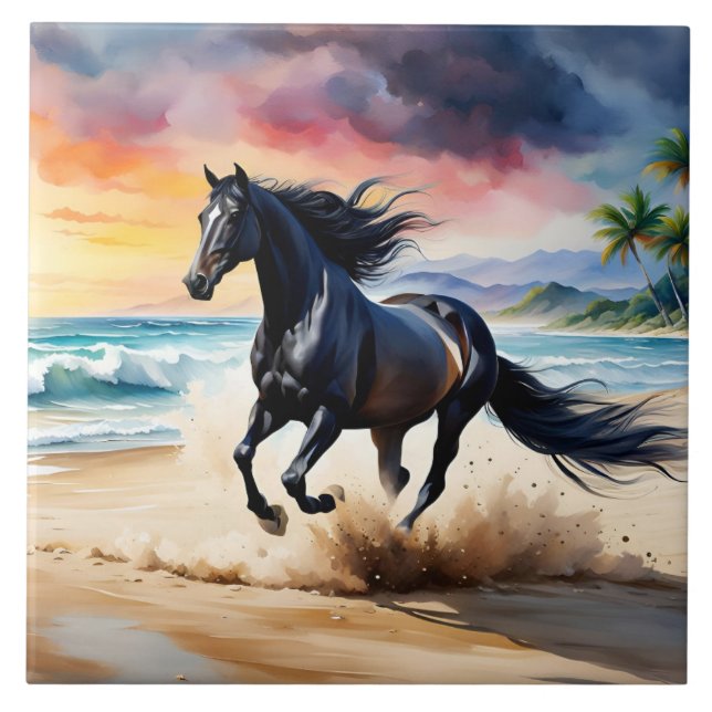 Wild black stallion galloping (Frente)