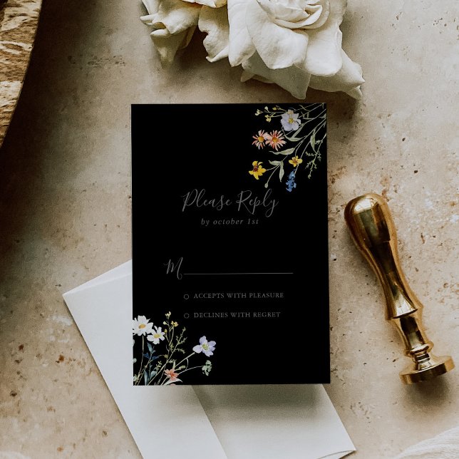 Wild Multicolor Floral Black Wedding RSVP (Criador carregado)