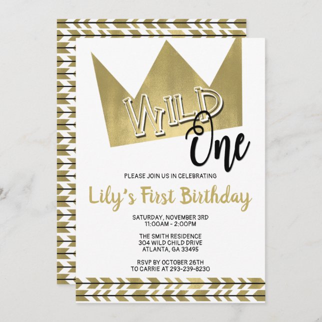 Wild One First Birthday Convite Preto e Dourado (Frente/Verso)