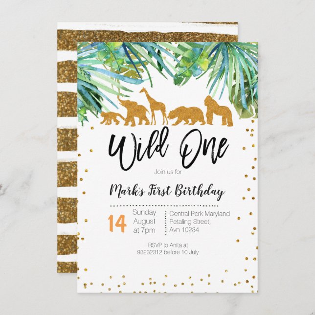 Wild One First Birthday Convite Safari Folhas (Frente/Verso)